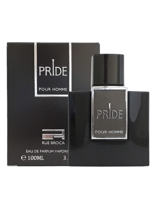 Rue Broca Pride Pour Homme perfume bottle and packaging on a black background