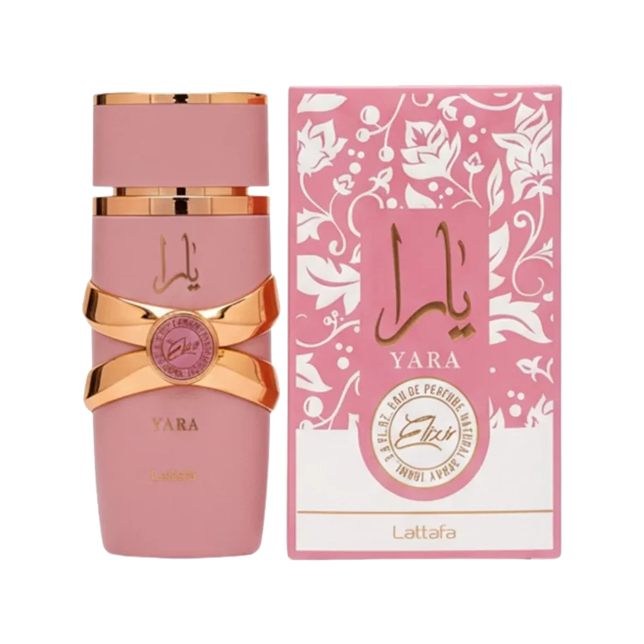 Pink Yara perfume bottle and packaging with gold accents on a white background . Yara Elixir by Lattafa | The Signature Perfumes Nairobi