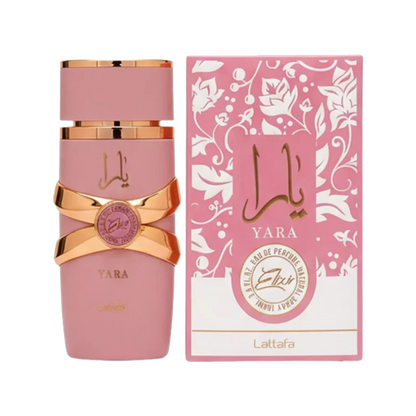 Pink Yara perfume bottle and packaging with gold accents on a white background . Yara Elixir by Lattafa | The Signature Perfumes Nairobi